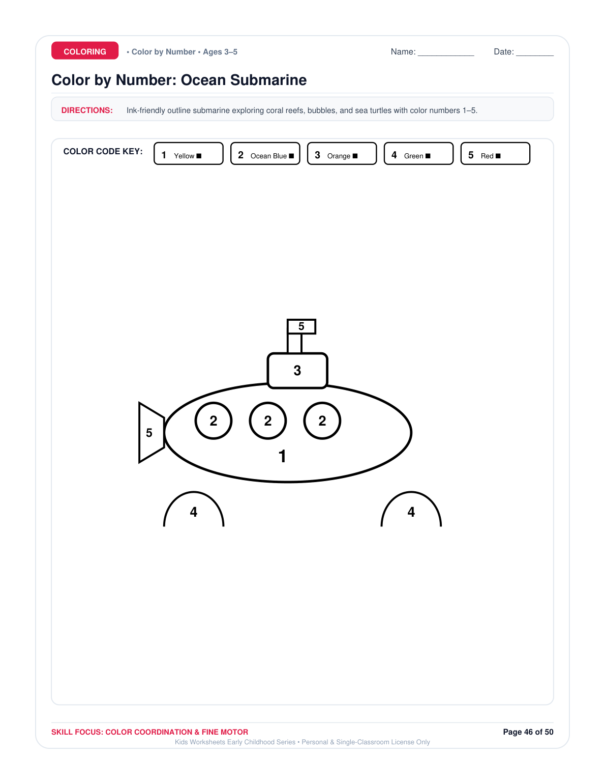 Color by Number: Ocean Submarine