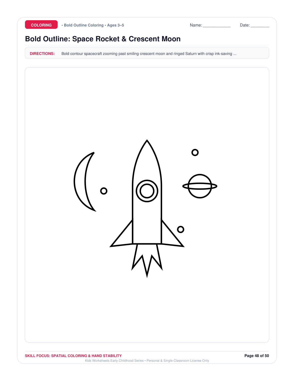 Bold Outline: Space Rocket & Crescent Moon